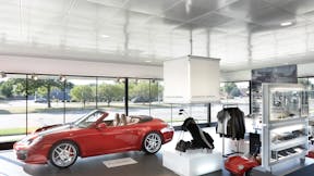 Porsche of The Motor City, Melissa Reis, Porsche Corporate Architecture Specialist, Porsche Cars North America, Inc., Rodica Phillips, CHMP Associates, John Edmonds Demolition and Construction, Dian Selleck-Wilson, Selleck Architectural Sales Inc., SpanAir Clip-In Perforated Metal Ceilings Panels, Showroom, Bochsler Creative Solutions