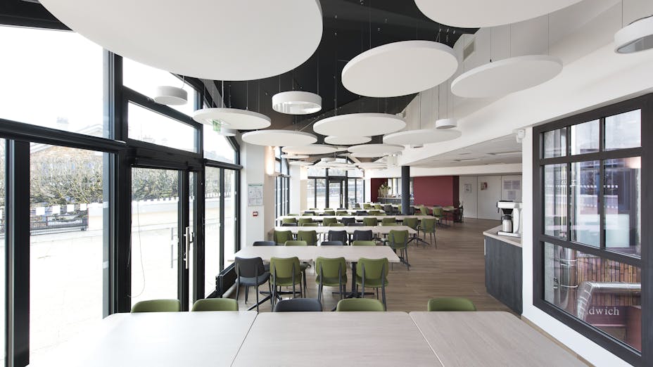 Canteen in Foyer Fontenelle - Centre Communal d'Action Sociale de Marly-le-Roy in Marly-le-Roi France with Rockfon Eclipse A-Edge.