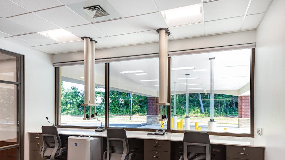 NA, State Employees’ Credit Union (SECU), Granite Quarry branch office, Summit Design and Engineering Services, Office, Alaska, Stone Wool Ceiling Tiles, Chicago Metallic 1200, Suspension Grid, Planostile Snap-in, Specialty Metal Ceilings
