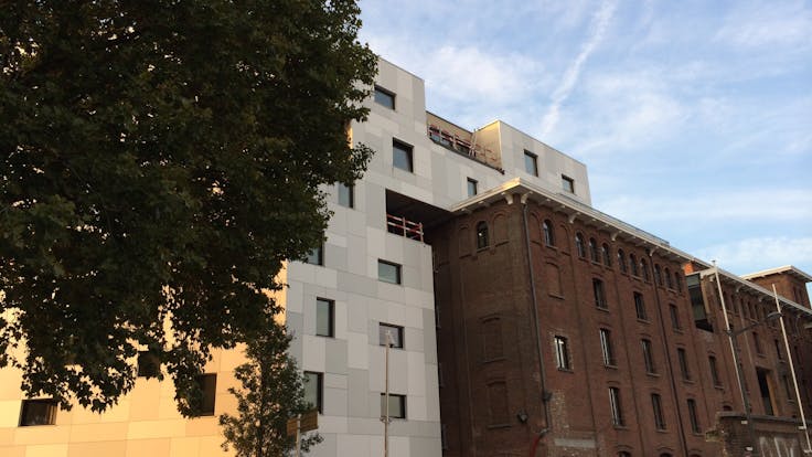 Belle Vue Brewery in Brussels, old brewery transformed into Hotel Belvue. This building is clad with Rockpanel Ply facade cladding.