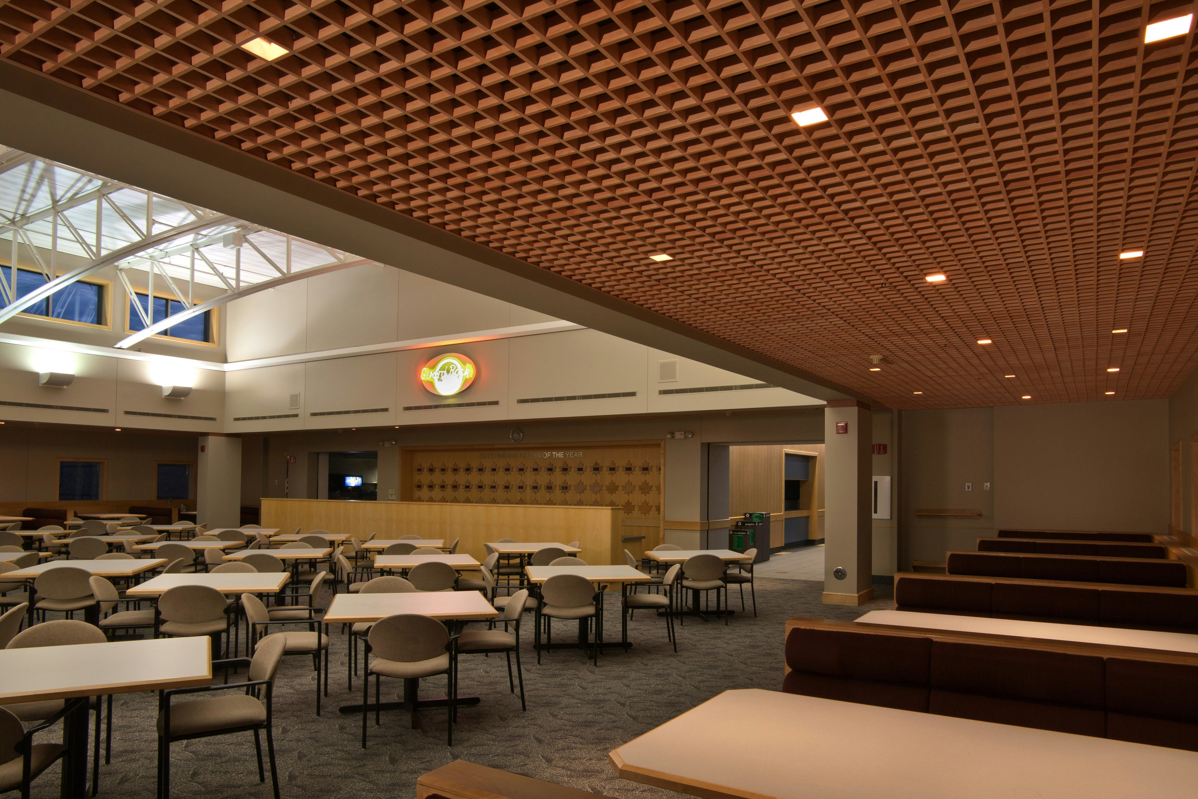 Fort Snelling National Guard Dining Hall, Barbara O'Brien, Minnesota National Air Guard, Golden Valley Supply, Rockfon Magna T Cell, Open plenum metal ceiling, Rockfon Woodscenes, Maple Finish, Tanner & Co.- Originally uploaded November 3, 2010 (by deleted user) - PIM