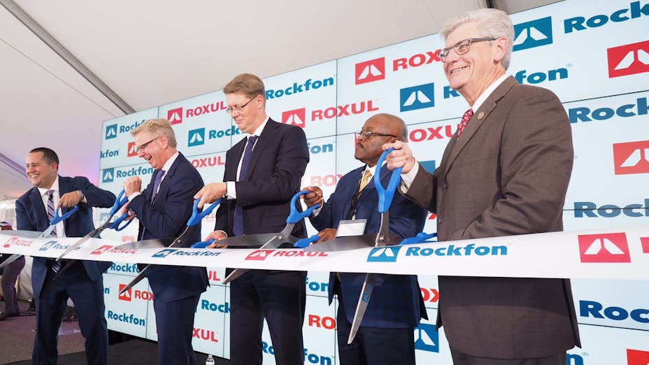 Rockfon and Rockwool Group management teams ribbon cutting ceremony for opening of new Marshall County, Mississippi factory