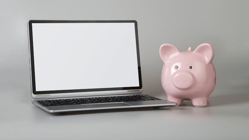 laptop, piggy bank, finance, market