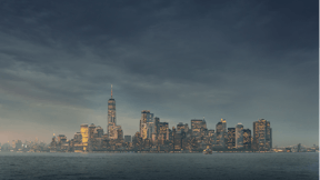 Panoramic view of storm over Lower Manhattan from Ellis Island at dusk, New York City.