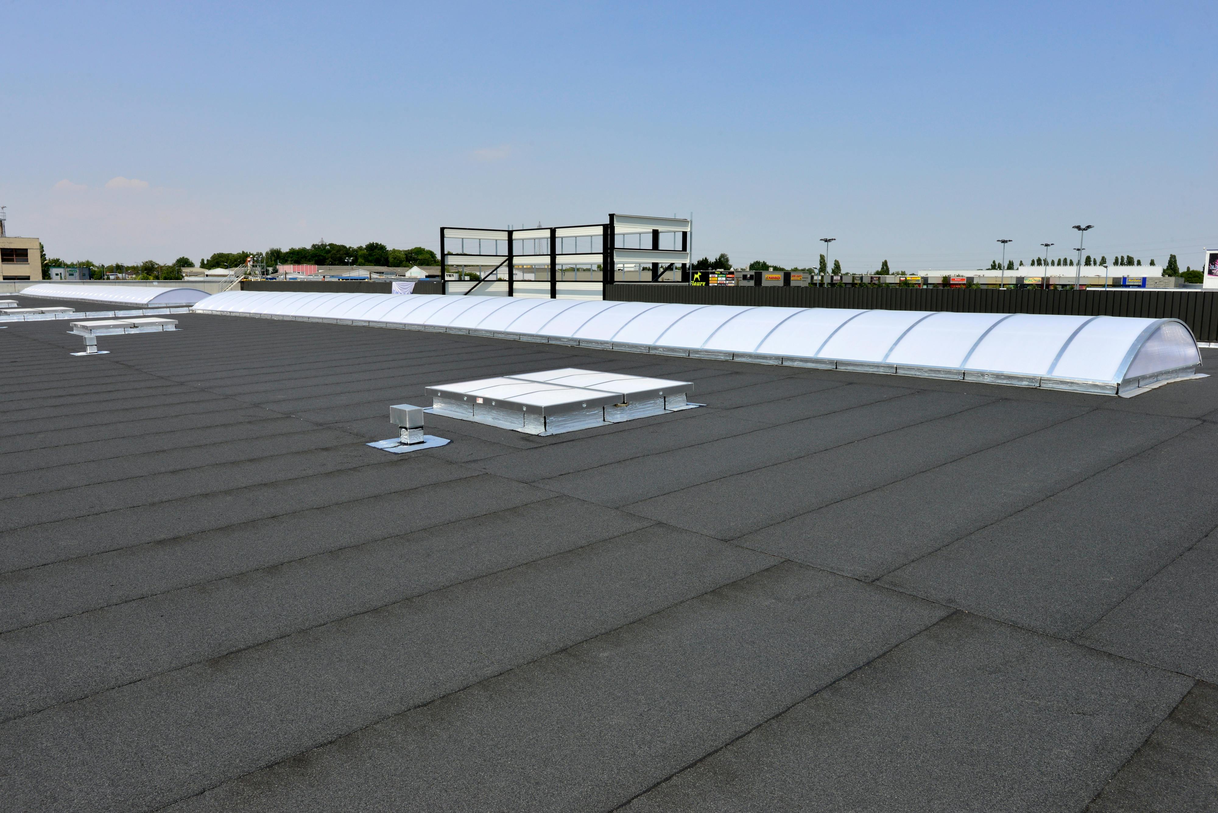 Flat roof, FRI, Metal Box, étanchéité bitume, bitumen roof-board, Rockfleece B Energy