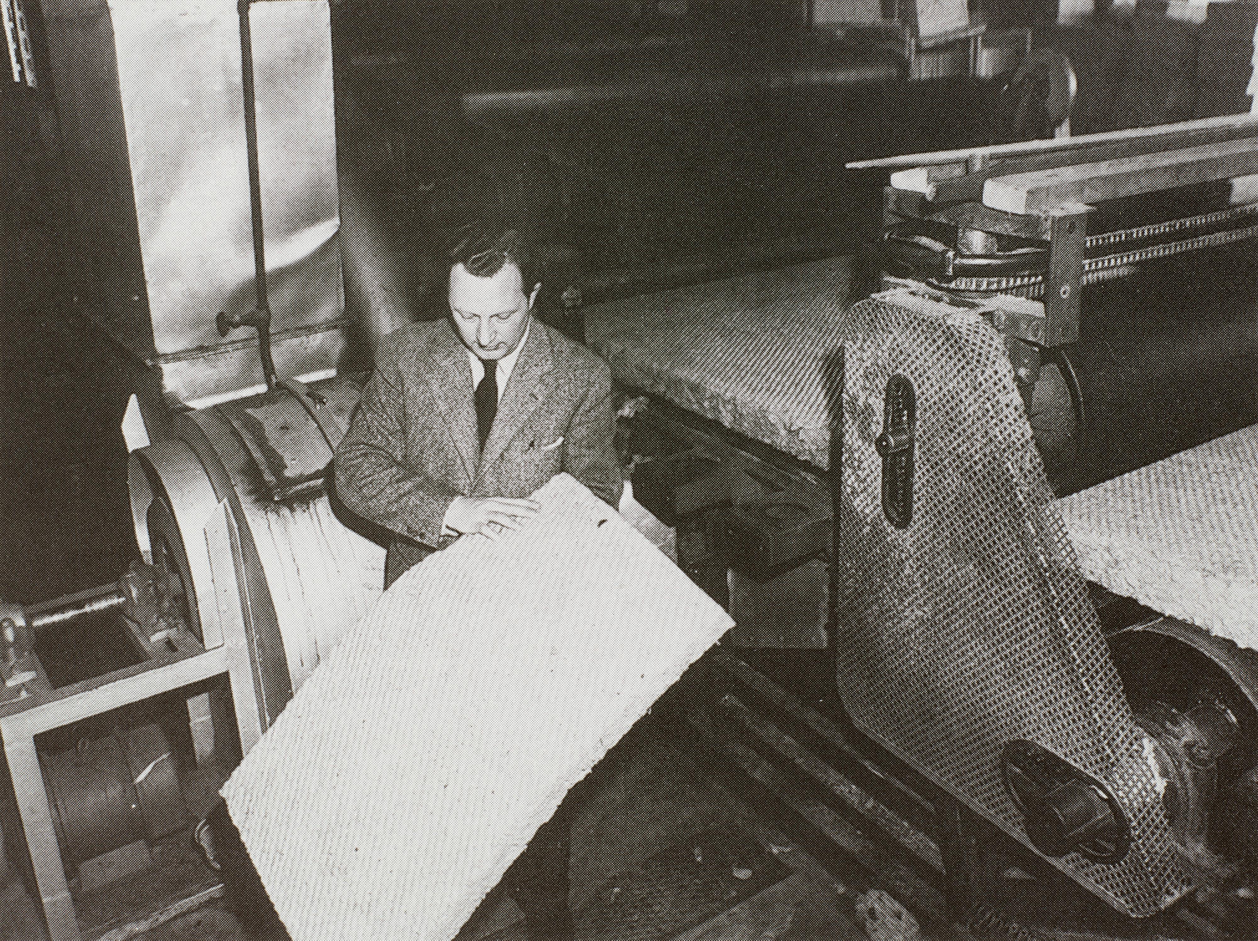 Verner Palmqvist - started in 1941 at the age of 24 as an electrician and retired 44 years later as Vice President of Research & Development. The photo shows him next to one of the productions lines in Hedehusene ind 1958.