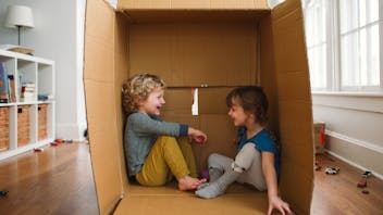 Children playing indoor.
Brother and sister playing together inside a cardboard box on the floor. People, children, kids, siblings, playing,