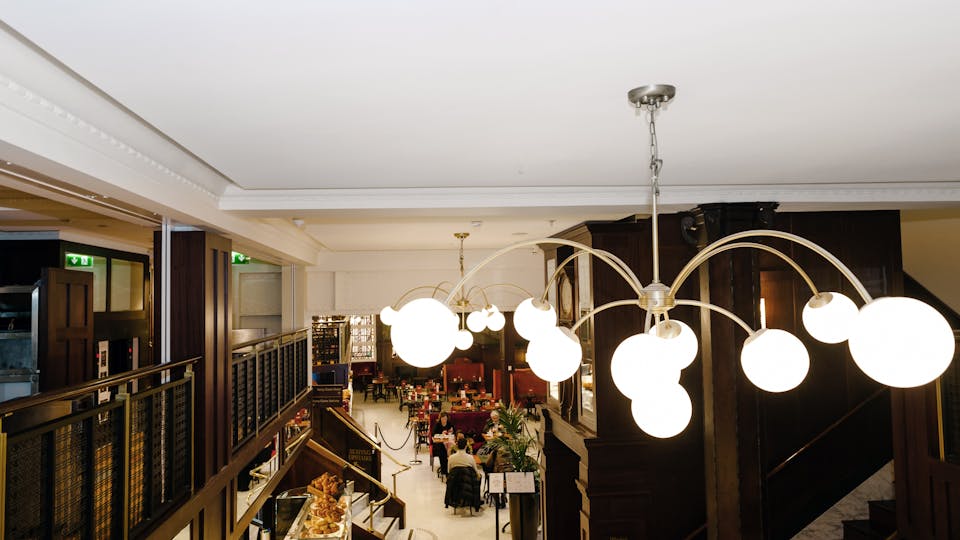 Ceiling coving is retained in an historic building which also has Class A sound absorption