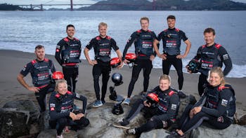 (L-r) Luke Payne, grinder of Denmark SailGP Team, Anne-Marie Rindom, strategist of Denmark SailGP Team, Tom Johnson, wing trimmer of Denmark SailGP Team, Hans-Christian Rosendahl, grinder of Denmark SailGP Team, Julius Hallstrom, grinder of Denmark SailGP Team, Nicolai Sehested, driver of Denmark SailGP Team, Richard Mason, grinder of Denmark SailGP Team, Rasmus Kostner, flight controller of Denmark SailGP Team, and Katja Salskov-Iversen, strategist of Denmark SailGP Team, pose alongside the Impact League trophy in front of the Golden Gate Bridge as they celebrate winning the Season 3 Impact League ahead of the Mubadala SailGP Season 3 Grand Final in San Francisco, USA. Friday 5th May 2023. Photo: Bob Martin for SailGP. Handout image supplied by SailGP