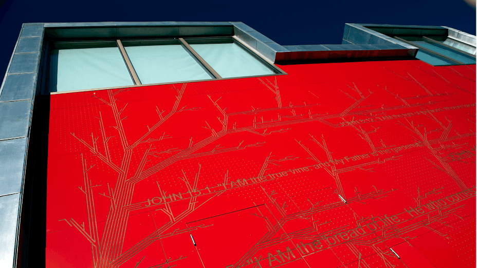 The new Salvation Army Church and Community centre in Chelmsford, Essex (United Kingdom) with Rockpanel Colours routed exterior cladding
