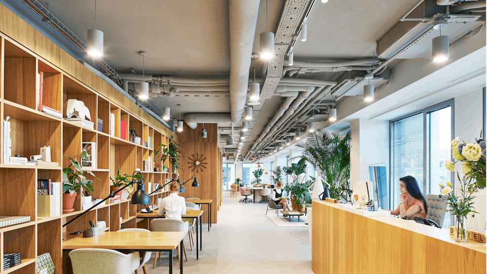 Homely feel to an open plan office which includes a pale grey seamless acoustic ceiling to absorb noise