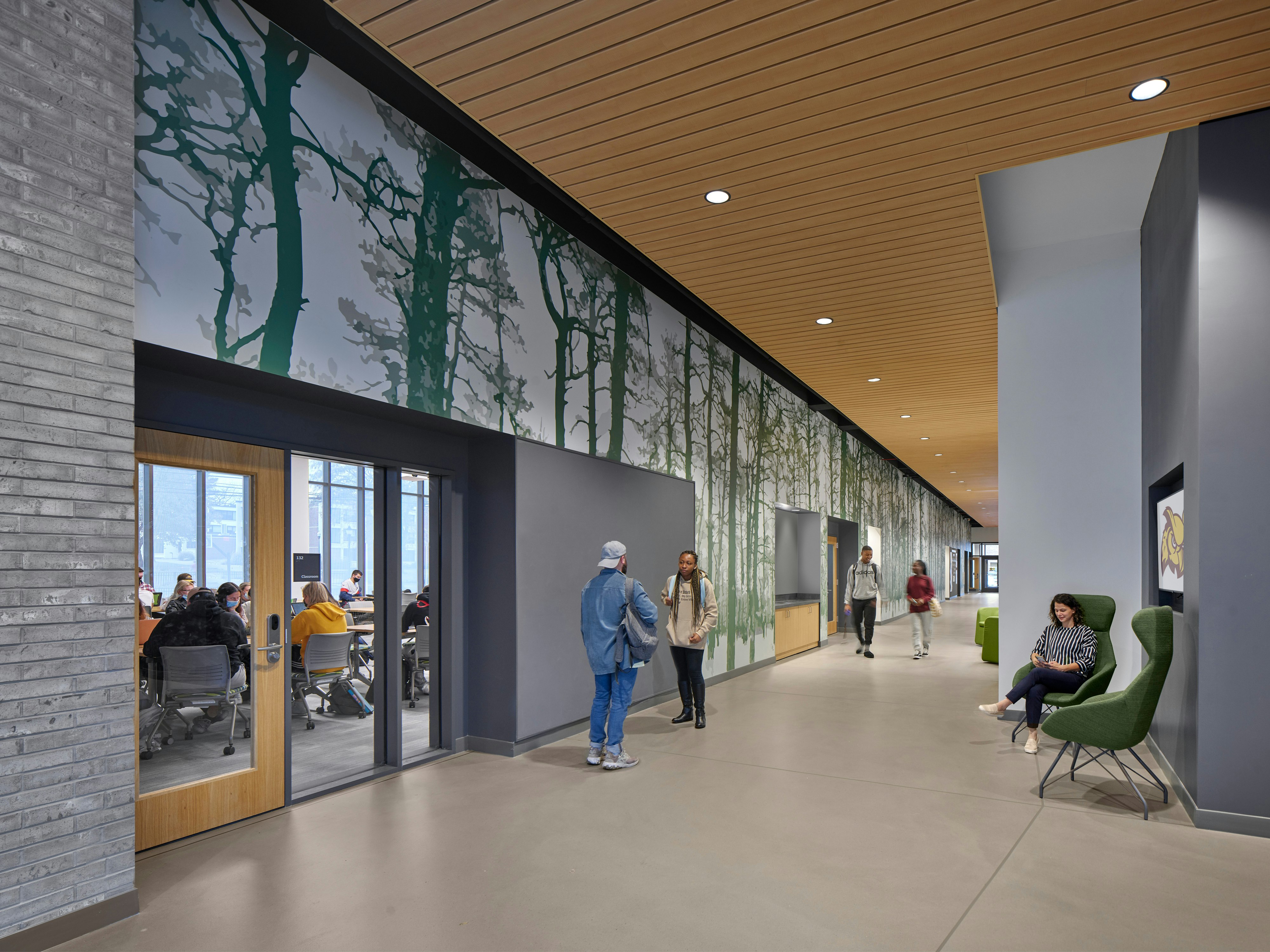 NA, Rowan University, Discovery Hall, KSS Architects LLP, Education, Planar Macro - 6in square edge in Metalwood Maple, Specialty Metal Ceilings, Infinity - 4in straight in Metalwood Maple, Perimeter Trim