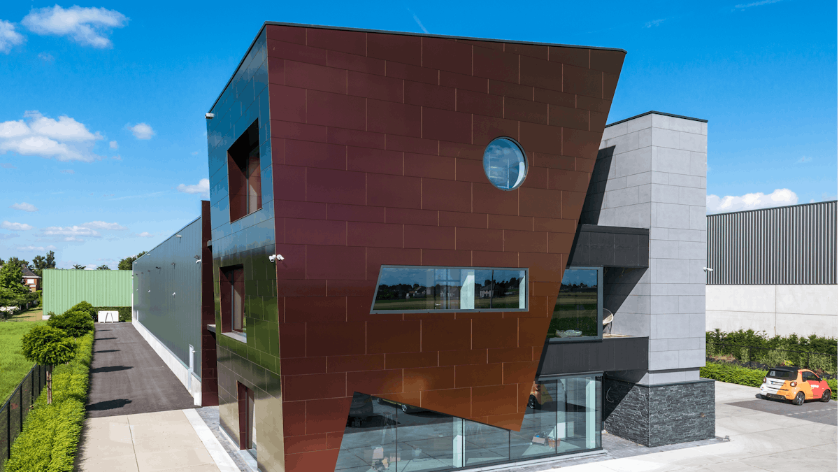 Sherwin office in Kortenberg, Belgium cladded with Rockpanel Chameleon facade cladding.