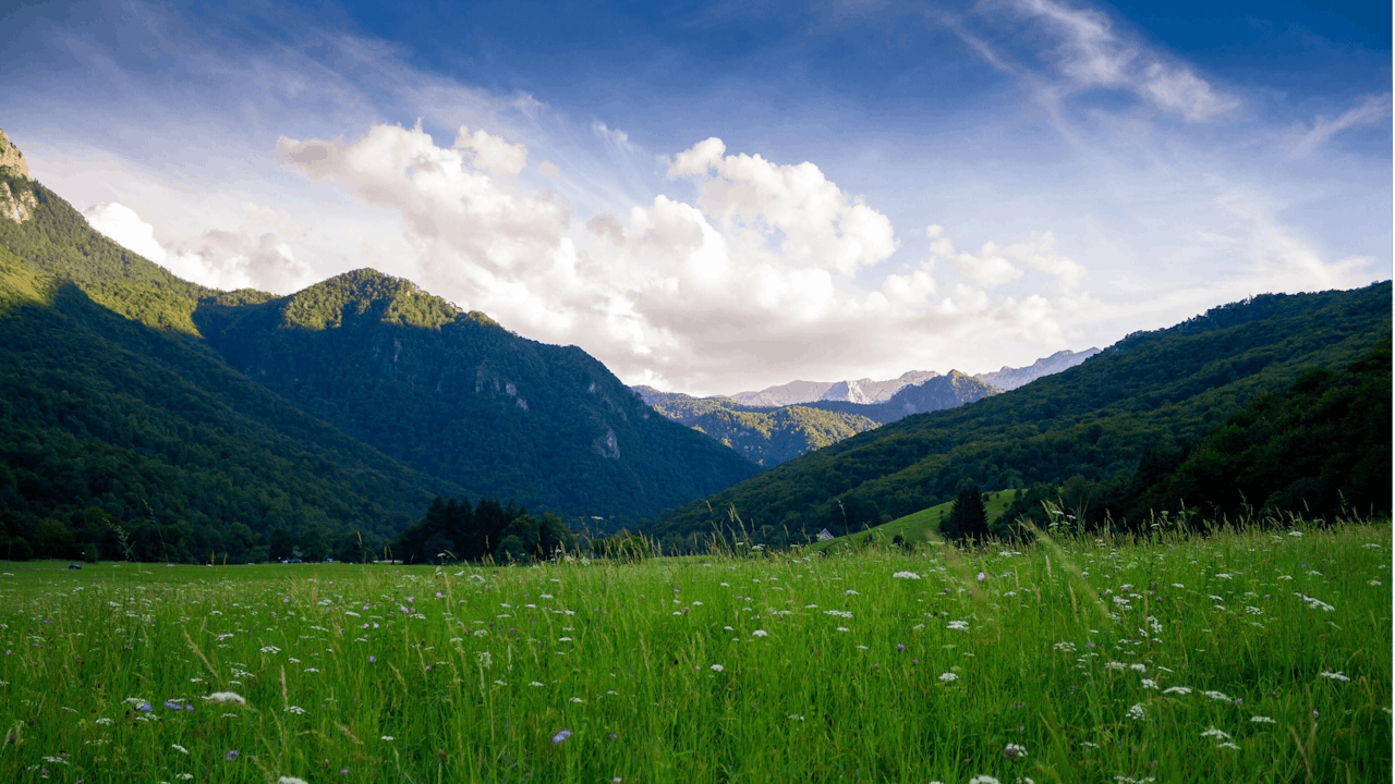 Unsplash image, photo by Nikola Majksner, landscape, mountains, green mountain sides, nature, skies, valley, grassy field