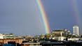 rainbow over city, brocher teclit, rain pipe, sewer pipe, germany