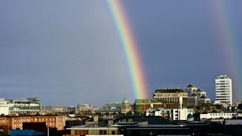 rainbow over city, brocher teclit, rain pipe, sewer pipe, germany