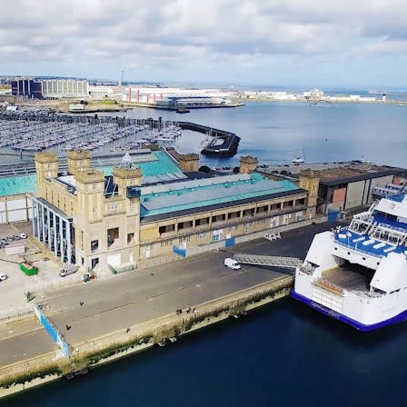 FR, Cherbourg Transatlantic Terminal Building, exterior shot, ferry, harbour, port
