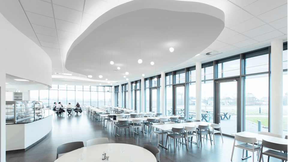 Restaurant which has noise control in the ceiling through ceiling tiles and a seamless acoustic island