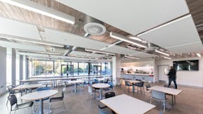 Canteen in The Northern School of Art in Middlesborough United Kingdom with Rockfon Eclipse A-Edge, Universal Baffle F-Edge