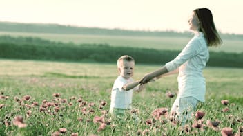 Mom and child, outdoor, nature, flowers