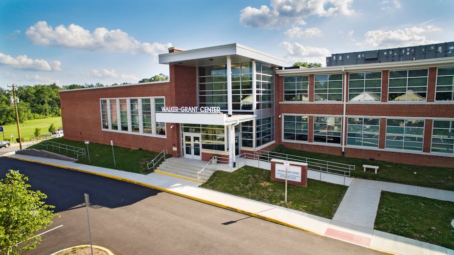 Exterior entrance of Walker-Grant Center which utilized Rockfon acoustic ceiling tiles in classrooms, hallways and corridors, as well as the auditorium.