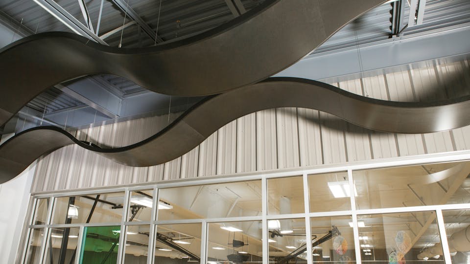 Featured products: Rockfon® CurvGrid™ One-directional Curved Ceiling System - Rockfon® Cubegrid® Open Plenum 15/16" Ceiling - Rockfon® Infinity™ Standard Perimeter Trim - Rockfon® Planostile™ Lay-in Metal Panel Ceiling System