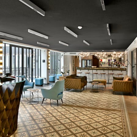 FR, Hotel des deux Girafes et Restaurant Bellay, Paris, Leisure, Rockfon Mono Acoustic, TE edge, 1200x600, Black, Reception