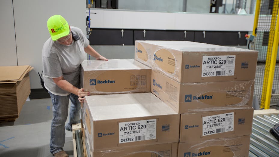 Packaging and shipping of Rockfon Artic acoustic ceiling tiles and panels.