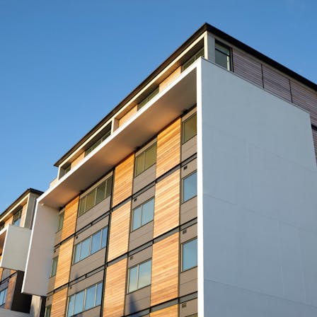 Building, exterior, modern, wall, wood, high rise