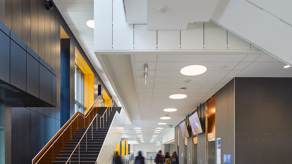 NA, Toronto Metropolitan University, Daphne Cockwell Health Sciences Complex (DCHSC), Perkins&Will,  LEED® Gold- Certified, Sonar SLN 2'x8', Stone Wool Ceilings, Chicago Metallic 4500 Ultraline with 1/4" Reveal, Suspension Grid