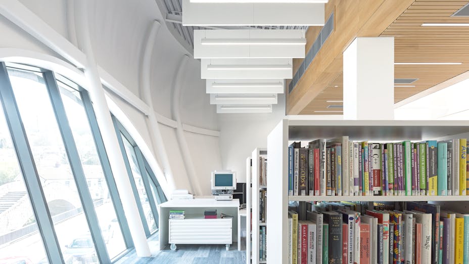 Library in Pontypridd Riverside Scheme in Wales United Kingdom, Rockfon Universal Baffle white A-edge