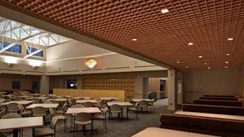 Fort Snelling National Guard Dining Hall, Barbara O'Brien, Minnesota National Air Guard, Golden Valley Supply, Rockfon Magna T Cell, Open plenum metal ceiling, Rockfon Woodscenes, Maple Finish, Tanner & Co.