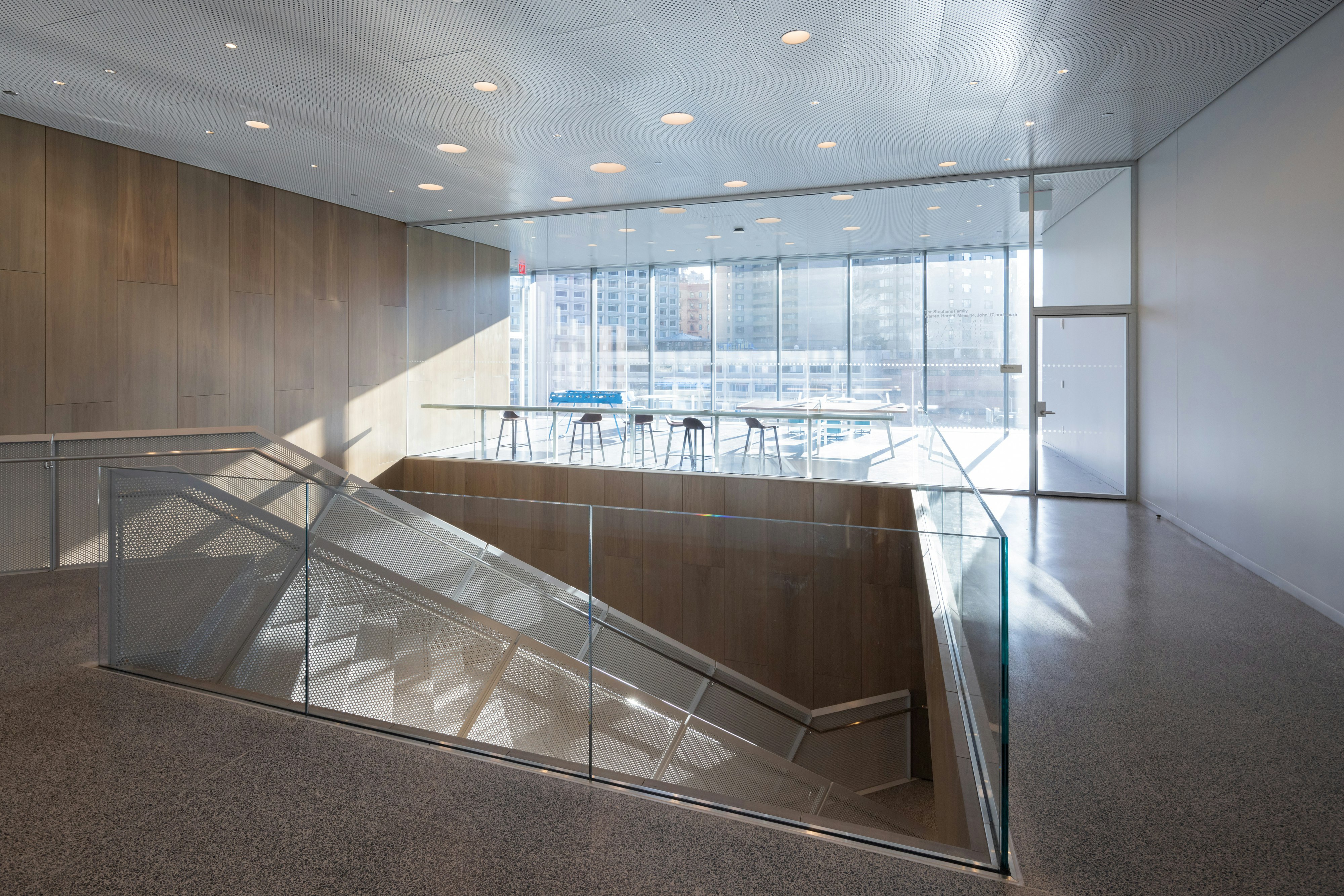 NA, Columbia Business School (CBS) - Geffen and Kravis Halls, Education, Diller Scofidio + Renfro, LEED® Platinum for neighborhood development, LEED® Gold for new construction, Spanair Torsion Spring 2'x8' Perforated in custom color: March Wind, Infinity 4" in custom color: March Wind, Perimeter Trim, Metal Ceiling