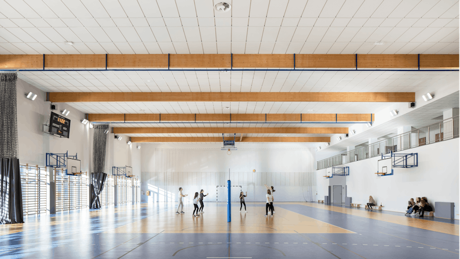 Gymnasium in Primary School Wiry in Wiry Poland with Rockfon Samson A-Edge, Rockfon System T24 A Impact 2A/3A
