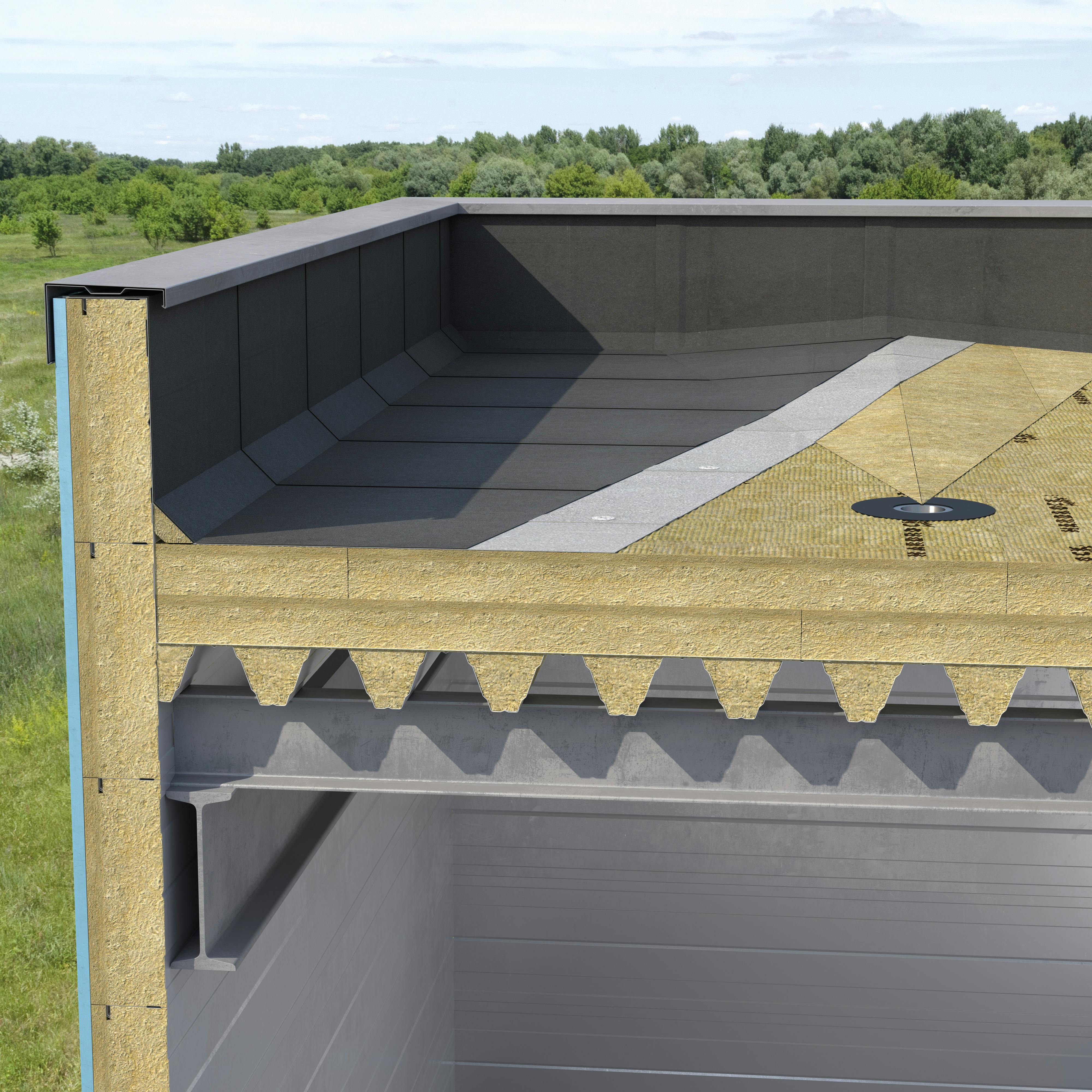 Steel deck, flat roof insulation, external insulation, acoustic fillers