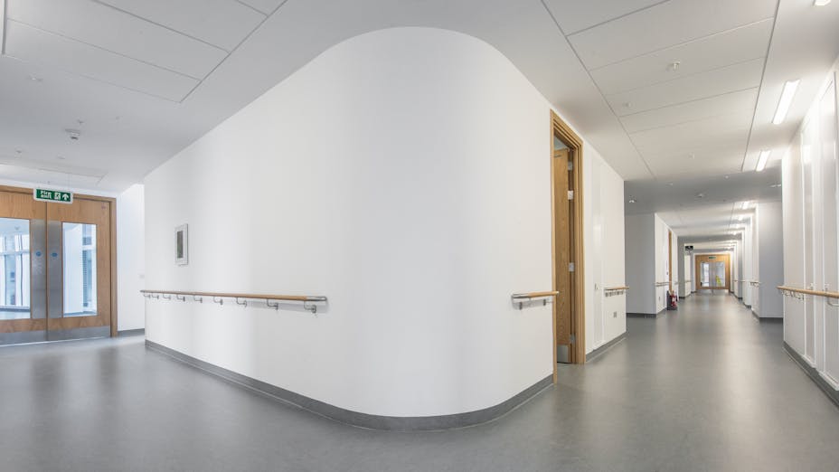 Southmead Hospital,UK,Bristol, 110,000m2 installed in total by CCP (not all ROCKFON), Main Contractor - Carillion, North Bristol NHS Trust, Carlton Ceilings & Partitions, Slough, Julian James, MediCare Standard, E-edge, 1800 x 600, White, Rocklink 24