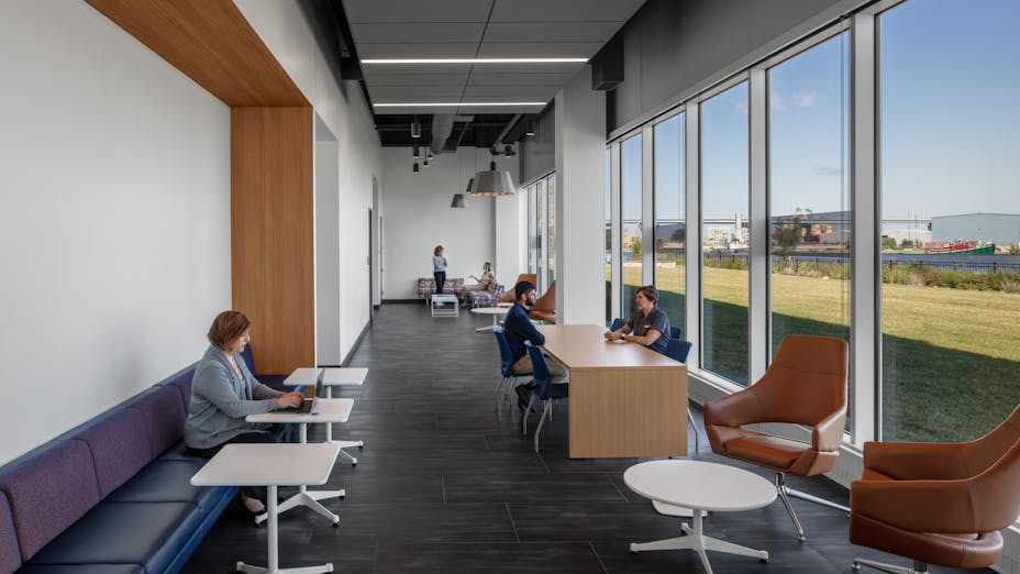 NA, Komatsu Mining Corp. - South Harbor Office Headquarters, Eppstein Uhen Architects (EUA), Office, LEED v4 BD+C Gold certified, Sonar, Tropic, Artic, Color-all - Concrete, Hygienic Plus, Chicago Metallic 4000 Tempra, Infinity, Stone Wool Ceilings, Suspension Grid, Perimeter Trim