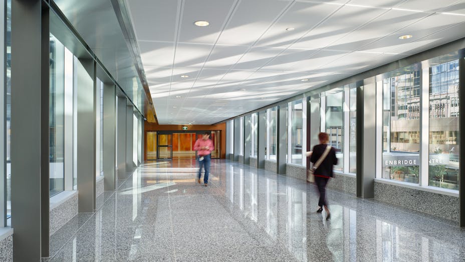 NA, Enbridge Centre, DIALOG Design, Office, Certified LEED® Gold for Commercial Interiors, LEED® Platinum for Existing Buildings Operations and Maintenance, Rockfon Planostile Lay-in with Reveal-Edge, Metal Ceilings, Chicago Metallic 1200, Suspension Grid