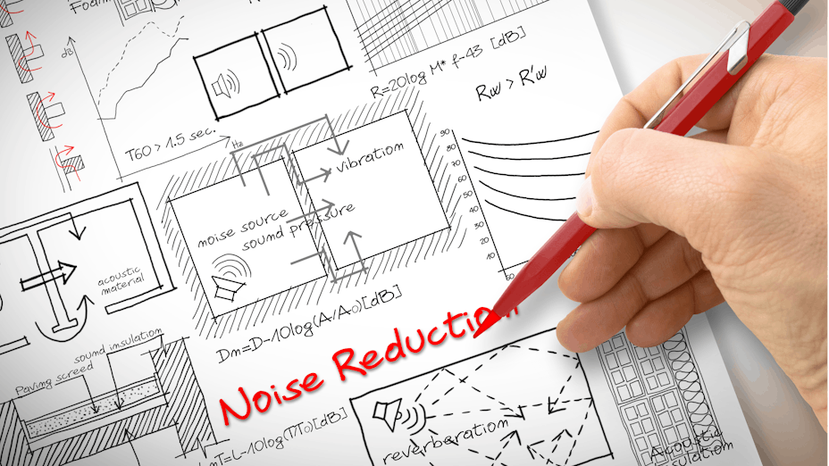 Building schematic with the words noise reduction written in red