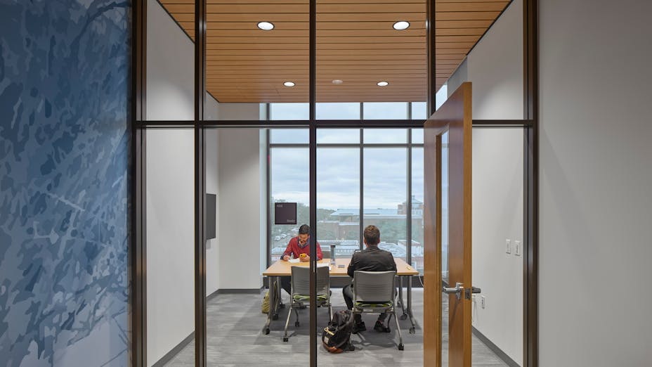 NA, Rowan University, Discovery Hall, KSS Architects LLP, Education, Planar Macro - 6in square edge in Metalwood Maple, Specialty Metal Ceilings, Infinity - 4in straight in Black and Metalwood Maple, Perimeter Trim