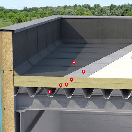 Ocieplenie Dachu Płaskiego na Blasze Trapezowej Warstwy Klejone (numerki), flat froof, HARDROCK MF PLUS 