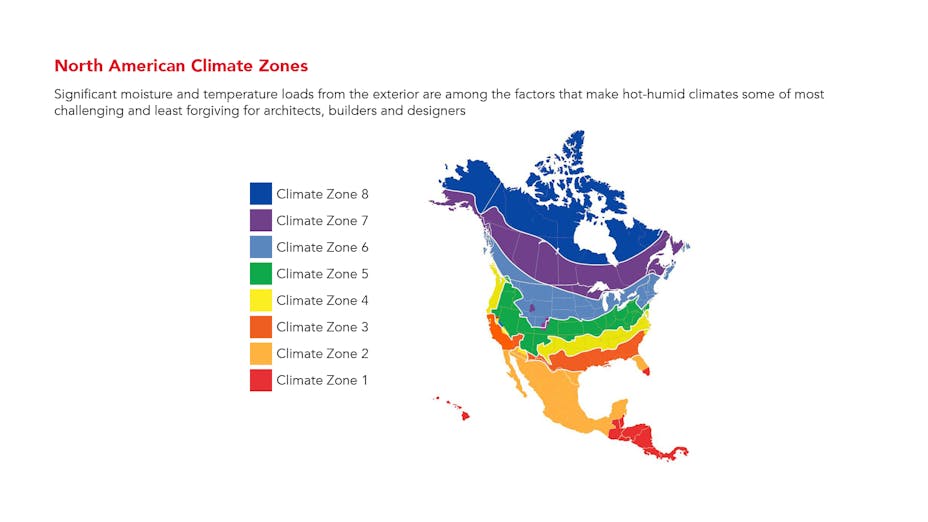 North American Climate Zones - moisture and temperature loads from the exterior are among factors that make hot-humid climates challenging for architects, building and designers.