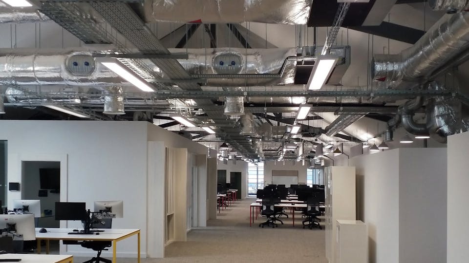Open plan office, services on show, seamless acoustic ceiling above