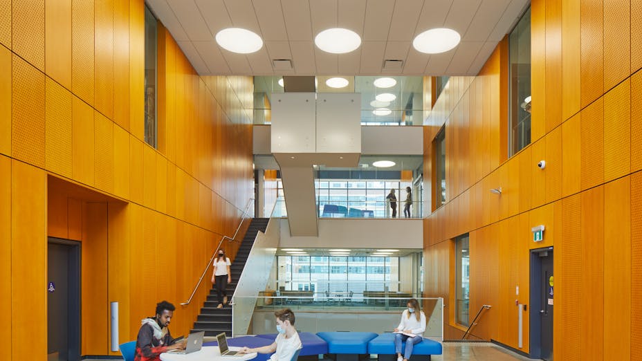 NA, Toronto Metropolitan University, Daphne Cockwell Health Sciences Complex (DCHSC), Education, Perkins&Will, LEED® Gold- Certified, Sonar SLN 2'x8', Stone Wool Ceilings, Chicago Metallic 4500 Ultraline with 1/4" Reveal, Suspension Grid