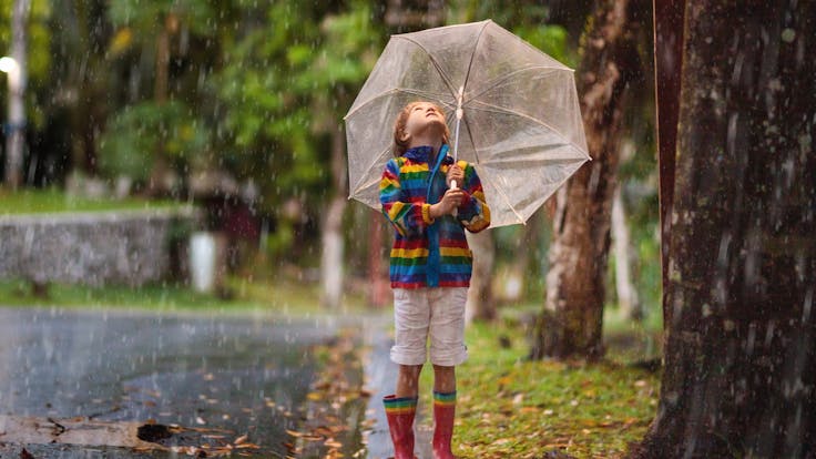 Rain, city street, park, child playing in rain