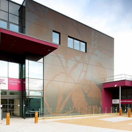 Sheffield Hallam University, in Sheffield, United Kingdom with glued and routed Rockpanel Colours exterior cladding