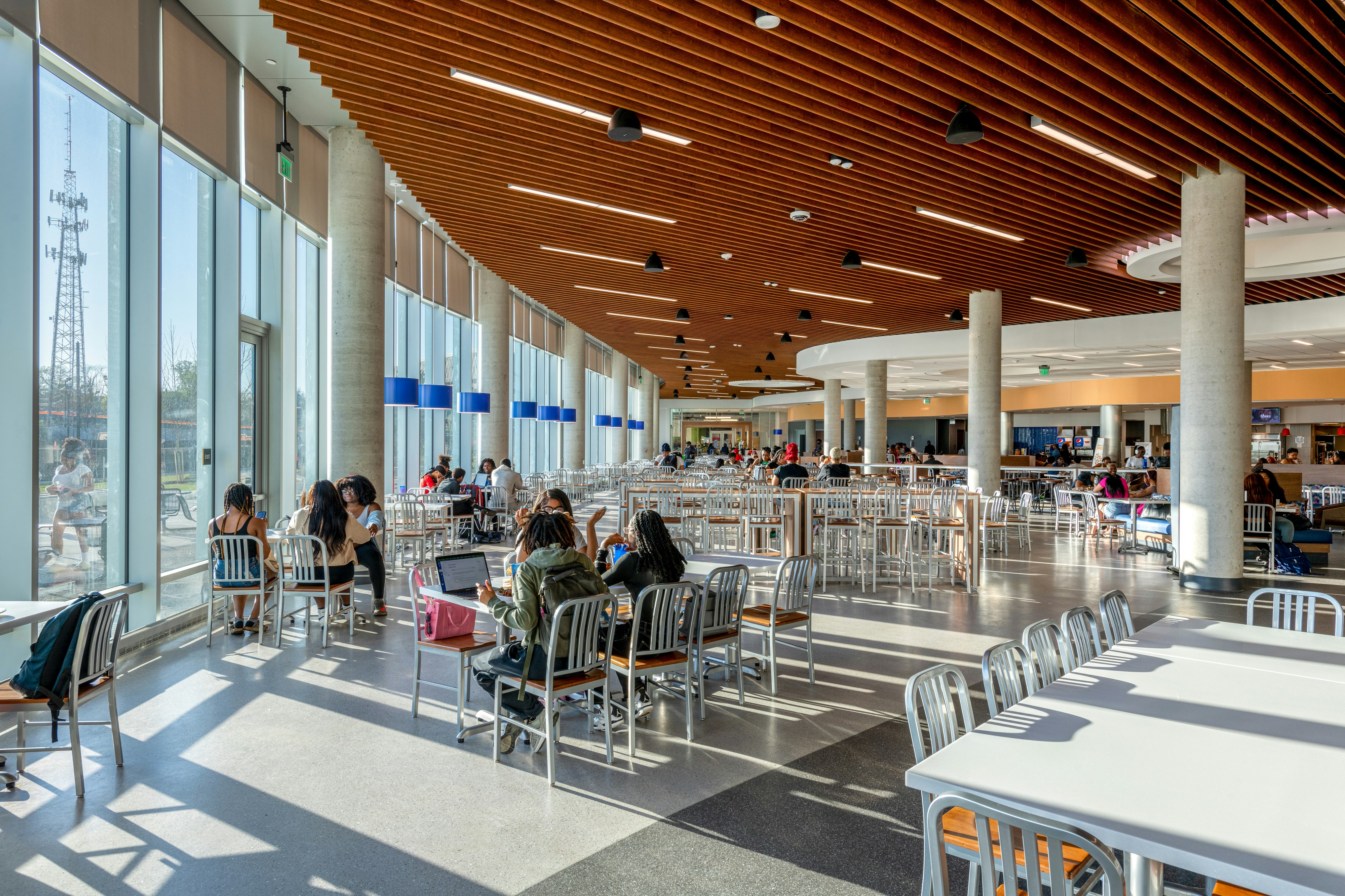 NA, Morgan State University (MSU) Thurgood Marshall Dining Hall, Education, Hord Coplan Macht (HCM), Intaline round-base baffle in Woodscenes Weathered Oak, Cubegrid in Black, Metal Ceiling, Baffles