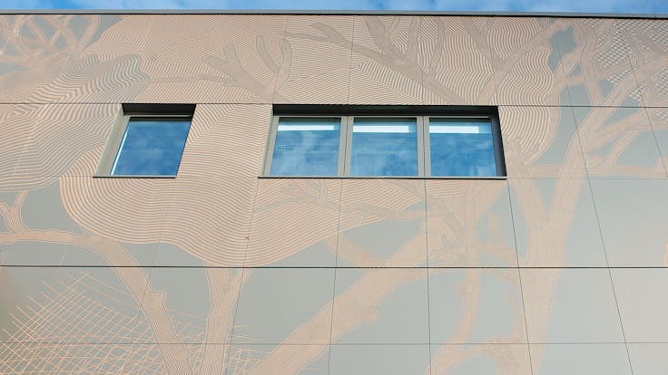 Sheffield Hallam University, in Sheffield, United Kingdom with glued and routed Rockpanel Colours exterior cladding