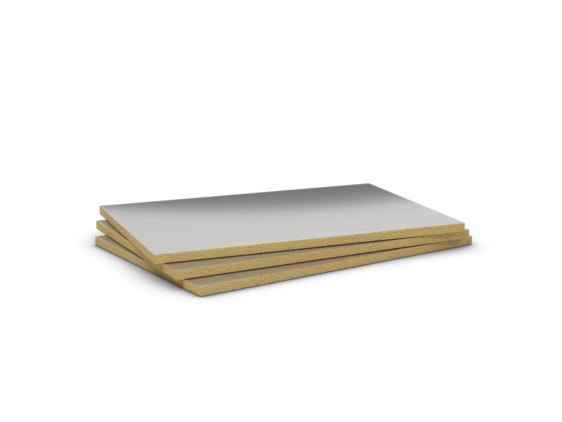 Mono density, mid-high density stone wool slab with aluminium. Products: Rockmur-E-ALU 201.216, Firerock 910.219, Conlit 150 AF, Conlit 150 U, Conlit Plus ALU, Conlit Alu - panel para Franja Cortafuego Muro cortina del Sistema Conlit MC 60-90