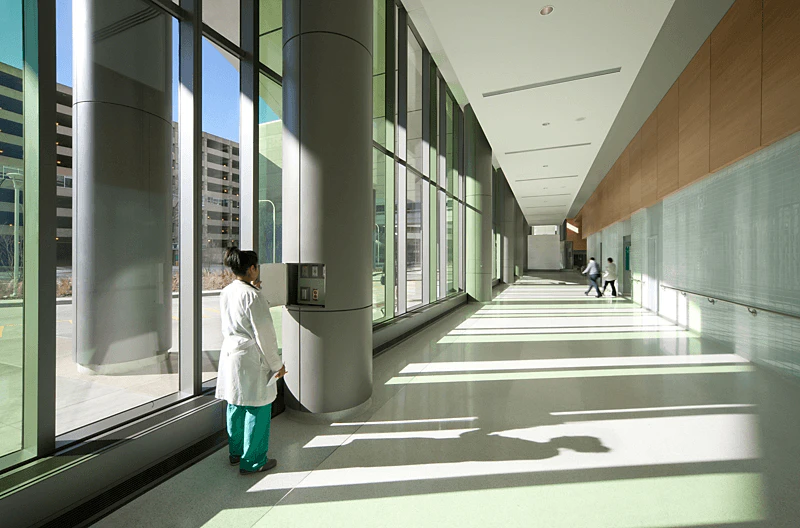 Rush Hospital Case Study 2, hospital, hallway, window, walkway